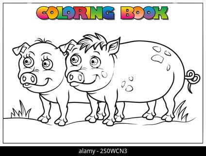 Zwei entzückende Schweine stehen zusammen auf einem Feld und schaffen eine bezaubernde Szene für Kinder zum Färben. Stock Vektor