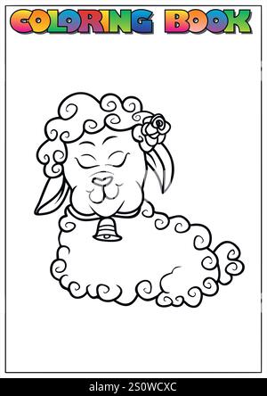 Entzückendes Schaf mit Glocke und Blume, perfekte Färbeaktivität für Kinder Unterhaltung und Bildung. Stock Vektor