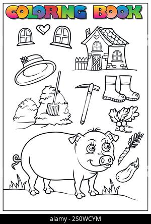 Schwarzweiß-Ausmalseite mit Schwein, Scheune, Gemüse, Gartengeräten und anderen Elementen im Zusammenhang mit dem Betrieb. Stock Vektor