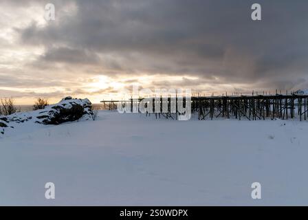 Norwegische Winterlandschaft mit Felsen, Wolken und Fischflocken zum Trocknen von Kabeljau, Lofoten-Inseln, Norwegen. Stockfoto