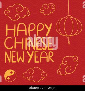 Illustration Zum Chinesischen Neujahrsfest 2025. Happy Lunar Year 2025 Doodle Stock Vektor