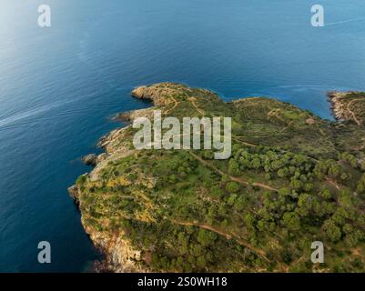 Luftaufnahme von Punta Falconera, am Cap de Creus, an der Costa Brava (Alt Empordà, Girona, Katalonien, Spanien) ESP: Vista aérea de la Punta Falconera, Roses Stockfoto