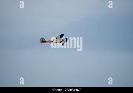 TW511 Auster 5 G-APAF Oldtimer-Armee-Verbindungs- und Beobachtungsflugzeug, das an einem klaren, grauen Herbsthimmel aufsteigt, Wiltshire UK Stockfoto