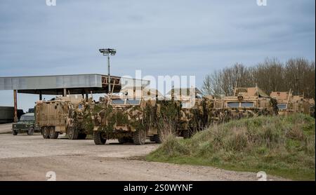 Nahaufnahme der getarnten britischen Armee 6x6 6-Rad-Mastiff schützte Patrouillenfahrzeuge bei einer militärischen Übung Stockfoto