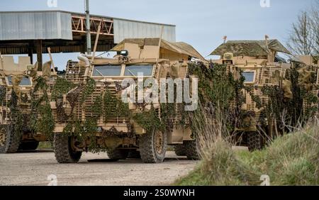 Nahaufnahme der getarnten britischen Armee 6x6 6-Rad-Mastiff schützte Patrouillenfahrzeuge bei einer militärischen Übung Stockfoto