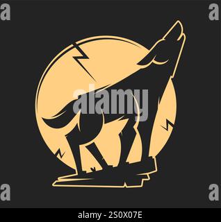 Wolf auf einem Felsen, der den Mond anheult. Vektorillustration mit klaren, gleichmäßigen Formen. Mystische Silhouette eines Wolfs für Halloween oder Gruselgeschichte. Heulendes wol Stock Vektor