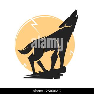 Wolf auf einem Felsen, der den Mond anheult. Vektorillustration mit klaren, gleichmäßigen Formen. Mystische Silhouette eines Wolfs für Halloween oder Gruselgeschichte. Heulendes wol Stock Vektor