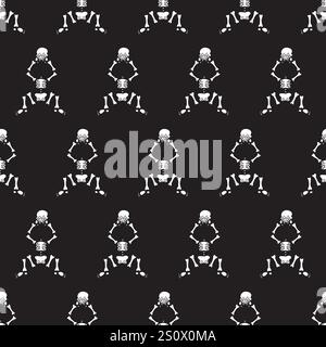 Tanzende Skelette auf schwarzem Hintergrund. Nahtloses Muster. Vektorabbildung. Stock Vektor