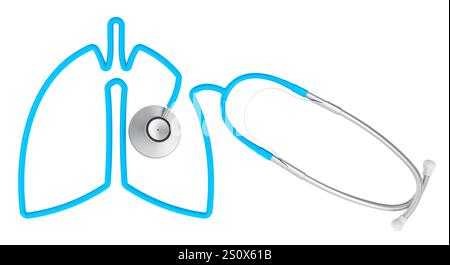Stethoskop mit menschlicher Lungenform aus seinem Nabel. Diagnostik und Therapie der Lungenerkrankung, Konzept. 3D-Rendering isoliert auf weißem Hintergrund Stockfoto