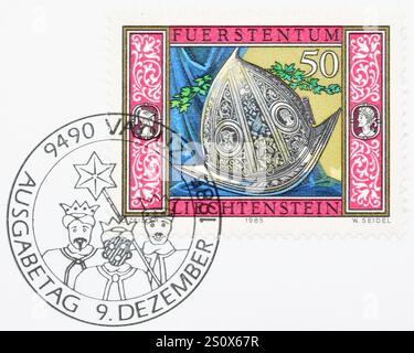 Gestempelte Briefmarke, gedruckt von Liechtenstein, die deutschen Morlon zeigt, 16. Jahrhundert, um 1985. Stockfoto