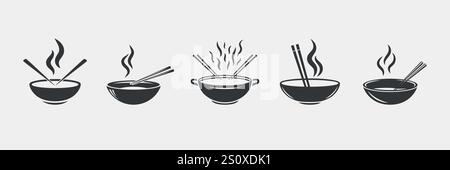 Icons in der heißen Suppenschüssel mit Dampf, Essstäbchen, Wok, Hotpot. Suppe, Schüsseln, Essstäbchen, Wok, Hotpot Monochrome Vektor-Illustration. Konstruktionsvorlage für Stock Vektor