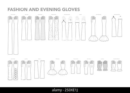 Set von Handschuhen - Mode und Abend mit Namen Hand Accessoire Kleidung technische Illustration Kleidung. Vektor für Männer, Frauen, Unisex flache Vorlage CAD-Zeichentrickstil isoliert auf weißem Hintergrund Stock Vektor