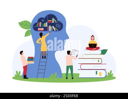 Lernen und Selbsterziehung mit Hilfe des KI-Assistenten. Winzige Menschen lernen online mit künstlicher Intelligenz Gehirn, lernen aus Büchern im Bücherregal in der menschlichen Kopf-Cartoon-Vektor-Illustration Stock Vektor