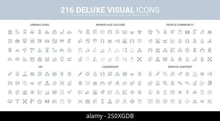 Bürokultur, urbanes Leben und Infrastruktur, Symbolsatz für Kundendienstlinien. Hilfe und Richtung bei der Informationssuche, Darstellung der dünnen schwarzen Konturen des HR-Managements Vektor-Illustration Stock Vektor