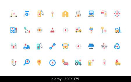 Electric energy and power production, fuel color icon set with lightning. Electro scooter and bike, car charger and repair station, parking and plug, battery flat elements vector illustration Stock Vektor