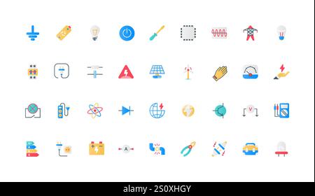 Stromversorgung, Elektrikerausrüstung, Energieverbrauch, Farbsymbole für alternative Generatoren. Batterie und Kondensator, Multimeter und Transistor, Glühbirne, Vektorgrafik für flache Elemente Stock Vektor