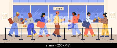 Leute, die Kinokarten kaufen, stehen in der Warteschlange, bunte Illustration. Verschiedene Gruppen stehen in der Schlange am Ticketschalter und halten Tickets Hintergrund modern Stock Vektor