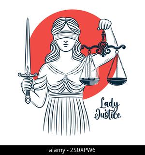 Lady Justice hält Skala und Schwert mit Hand gezeichneter Stil Vektor-Illustration Stock Vektor