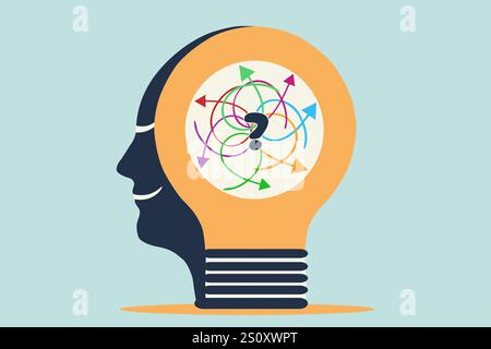 Glühbirnenausbruch Idee, Kopf mit Glühbirne, unordentlicher Pfeil, Geschäftsplan, Entscheidungsfindung, Bewertungsinvestition, Mindmap Stockfoto