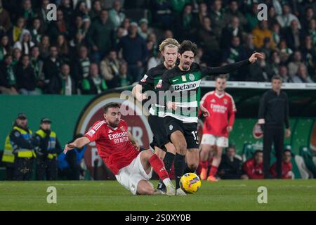 Lissabon, Portugal. Dezember 2024. Orkun Koekcu von SL Benfica (L) und Francisco Trincao von Sporting CP (R) in Aktion während des Fußballspiels Liga Portugal Betclic zwischen Sporting CP und SL Benfica im Estadio Jose Alvalade in Lissabon, Portugal. 29/12/2024 Credit: Brazil Photo Press/Alamy Live News Stockfoto