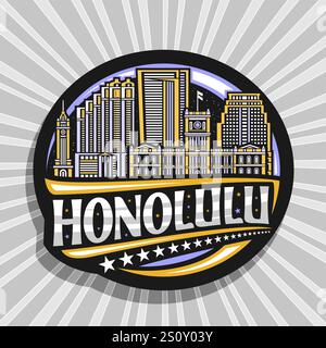 Vektor-Logo für Honolulu, schwarzer dekorativer Kreis-Tag mit Linie Illustration der honolulu Stadtlandschaft auf nächtlichem Himmel Hintergrund, Kunstdesign Kühlschrank Stock Vektor