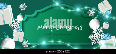 Frohe Weihnachten 3D-Rahmenbanner auf grünem Hintergrund, verziert mit leuchtenden Girlanden, Papierschneeflocken, weißen Kugeln und Geschenkboxen mit blauen Bändern. Festliches Design für Winterferien. Stock Vektor