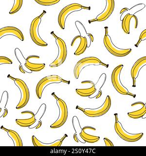 Nahtloses gelbes Bananenmuster, handgezeichnetes Bananenmuster Stock Vektor
