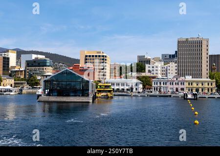 Hobart Waterfront Tasmania, Hobart City Centre mit Brooke Street Pier auf der linken Seite und MONA Roma Fähre, Tasmania, Australien, 2024 Stockfoto