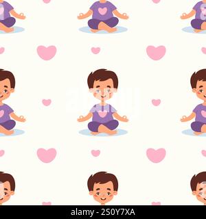 Yoga-Kind mit nahtlosem Muster. Süßer glücklicher Junge, der meditiert, sitzend in Lotusposition auf weißem Hintergrund mit rosa Herzen. Hobby, Sport, gesunder Lebensstil Stock Vektor