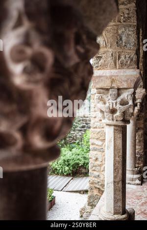 Säulen des Klosters Saint Martin du Canigou in den französischen Pyrenäen, Roussillion, Frankreich Stockfoto