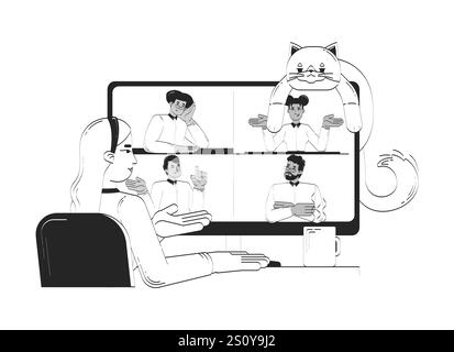 Virtuelles Treffen mit fauler Katze und Kaffee-Doodle-Linie Illustrationskonzept Stock Vektor