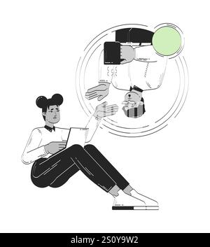 Remote-Teamwork zwischen zwei verschiedenen Telearbeitern, Doodle-Line-Illustrationskonzept Stock Vektor