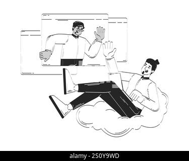 Virtuelles Gespräch mit entspanntem Teleworker-Doodle-Line-Illustrationskonzept Stock Vektor