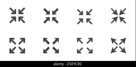Vollbild-Symbol-Menü-Cursor-Bitton, Zeiger zur Steuerung der Anwendungsgröße. Zeilennavigation in der Web-benutzeroberfläche Symbol Maximieren oder Minimaze. App-Pfeil. Eingeben oder Beenden. Vektorabbildung Stock Vektor