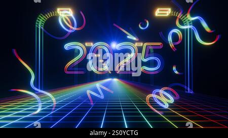 Neon 2025 Typografie mit futuristischem Raster und bunten Lichtstreifen, 3D-Rendering Stockfoto