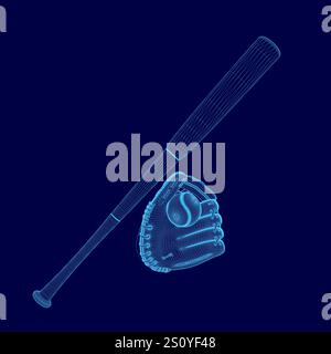 Baseballschläger und -Handschuh sind auf blauem Hintergrund abgebildet. Der Schläger wird in 3D und der Handschuh in Nahaufnahme dargestellt. Das Konzept von Aufregung und Antik Stock Vektor