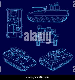 Blaue Zeichnung eines Tanks mit blauem Hintergrund. Der Tank ist von vorn, hinten und von der Seite dargestellt Stock Vektor