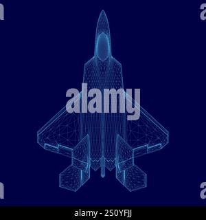 Das Bild zeigt einen blauen Jet. Der Jet ist ein Kampfjet und wird sehr detailliert und realistisch dargestellt. Das Konzept von Kraft und Stärke Stock Vektor