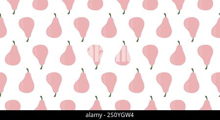 Nahtloses Muster mit rosafarbenen Birnen mit grünen Stielen und gepunkteten Texturen, gleichmäßig auf weißem Hintergrund angeordnet Stock Vektor