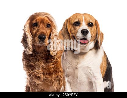 Porträt von zwei reinrassigen Hunden, einem englischen Cocker Spaniel und einem Beagle, die zusammen vor einem weißen Hintergrund posieren Stockfoto