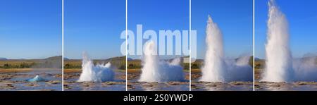 Collage, die verschiedene Phasen der Aktion des Geysirs zeigt. Der berühmte Geysir Strokkur in Island. Der Springbrunnen-Geysir wirft alle paar Minuten heißes Wasser Stockfoto