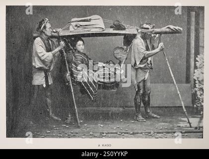 Geschichte Japans, japanische Frau, die in einem Kago getragen wird, eine Art Wurf, Vintage-Fotografie, ein Transportmittel der nicht-Samurai-Klasse im feudalen Japan und in die Meiji-Zeit Stockfoto