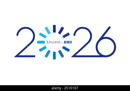 2026 Happy New Year, blaue Ladeleiste. Symbol für dekorative Ladungen. Digitaluhr. Ziffern des Computernetzwerks. Isoliertes Grafiktechnologiedesign Stock Vektor