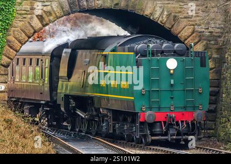 Die East Lancashire Railway ist ein neues Zuhause für die Dampflokomotive 34081 92 Squadron, die Battle of Britain Locomotive Society. AUCH BEKANNT ALS Spam-CAN. Stockfoto