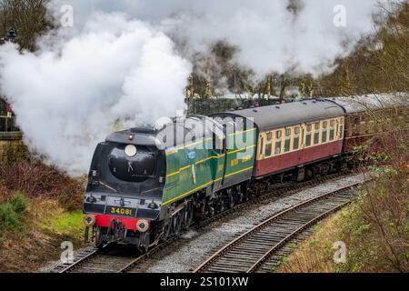 Die East Lancashire Railway ist ein neues Zuhause für die Dampflokomotive 34081 92 Squadron, die Battle of Britain Locomotive Society. AUCH BEKANNT ALS Spam-CAN. Stockfoto