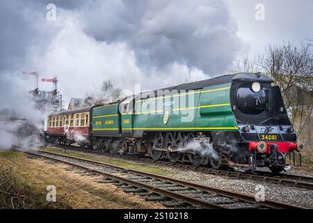 Die East Lancashire Railway ist ein neues Zuhause für die Dampflokomotive 34081 92 Squadron, die Battle of Britain Locomotive Society. AUCH BEKANNT ALS Spam-CAN. Stockfoto