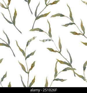 Zweige mit grünem, nahtlosem Muster. Handgezeichnete Aquarellillustration isoliert auf weiß. Für Karten, Geschenkpapier, Textilien, Tapeten, Stoff, Stockfoto