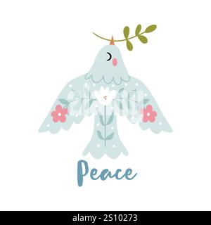 Taube des Friedens. Vogel im ethnischen Stil mit Blumen auf Flügeln trägt einen Zweig im Schnabel. Frieden und Liebe, Freiheit, kein Kriegskonzept. Stock Vektor