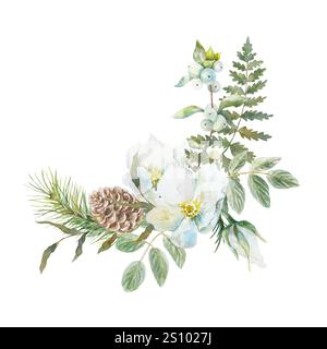 Blumenstrauß aus weißen weihnachtsblumen, frischen grünen Blättern, Farn, Schneebeeren und Fichtenzweigen. Handgezeichnete Aquarellillustration isoliert auf weiß. Begrüßung Stockfoto