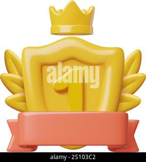 Goldenes Spiel-Ranking-Abzeichen 3D-Symbol mit Nummer 1 auf einem Schild königlicher Krone Lorbeerkranz und Bandbanner Stock Vektor
